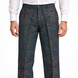 Mens 36 Wool Pants Blue Green Paisley Baroque Print Straight Leg Dress Trousers